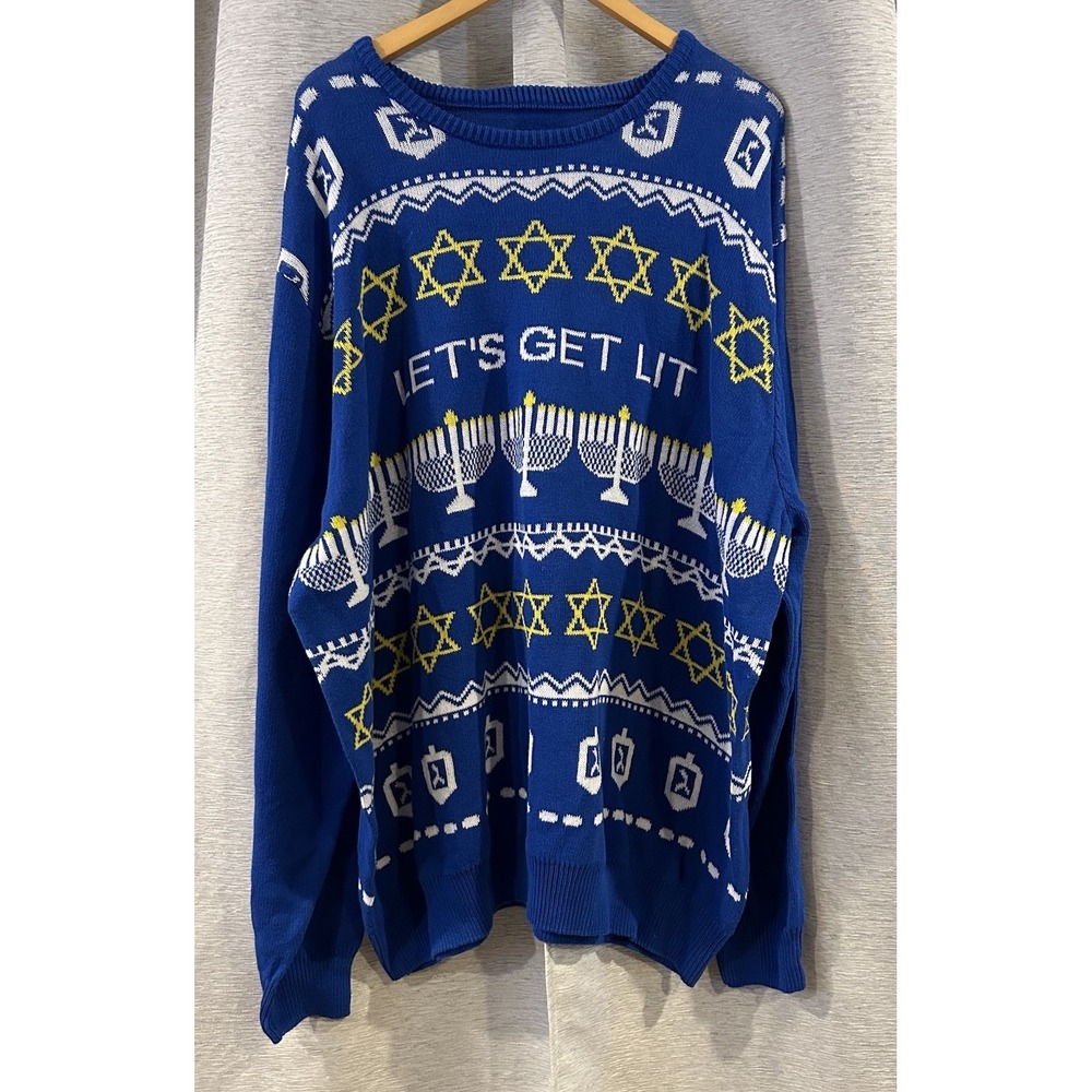 Let's Get Lit Hanukkah Blue Jewish Ugly Big Sweater Menorah‎ Star Size 3XLT